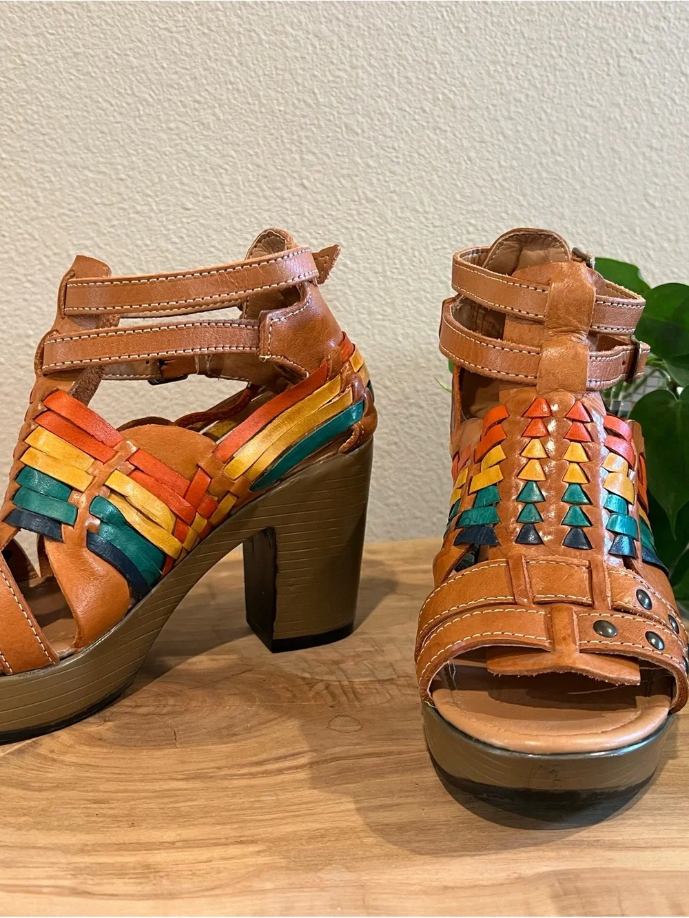 Tan Leather Platform Sandals with Multicolor Woven Accents